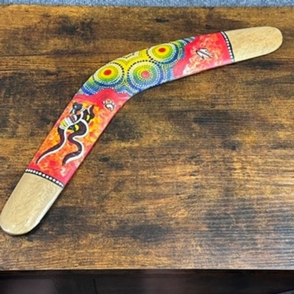 Boomerang Hand Painted Wooden Aboriginal Dot Art Kangaroo Design 18 Inch Multi